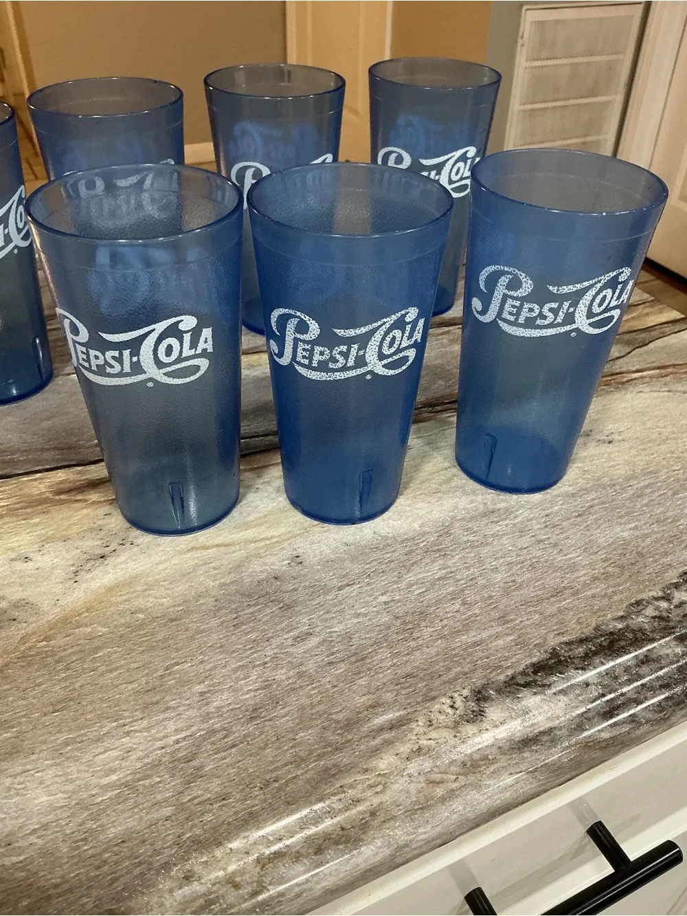 Set of 7 Vintage Pepsi-Cola Blue Restaurant Tumblers 20 oz Retro Diner Cups